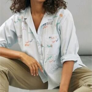 Maeve Anthropologie Bon Voyage Beaded Shirt Blue Embroidered Button Down